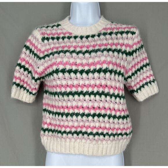 Zara Sweater Womens Small Pink Striped Green Open Knit Short Sleeve Soft Cozy - Picture 1 of 8